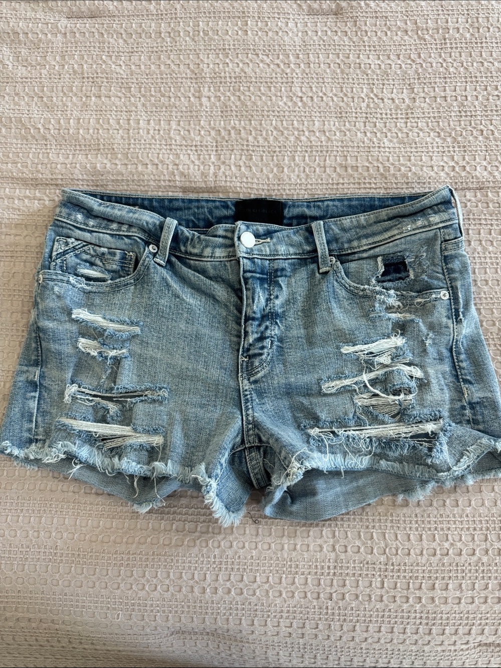 Buckle Light Blue Distressed Denim Shortie Shorts
